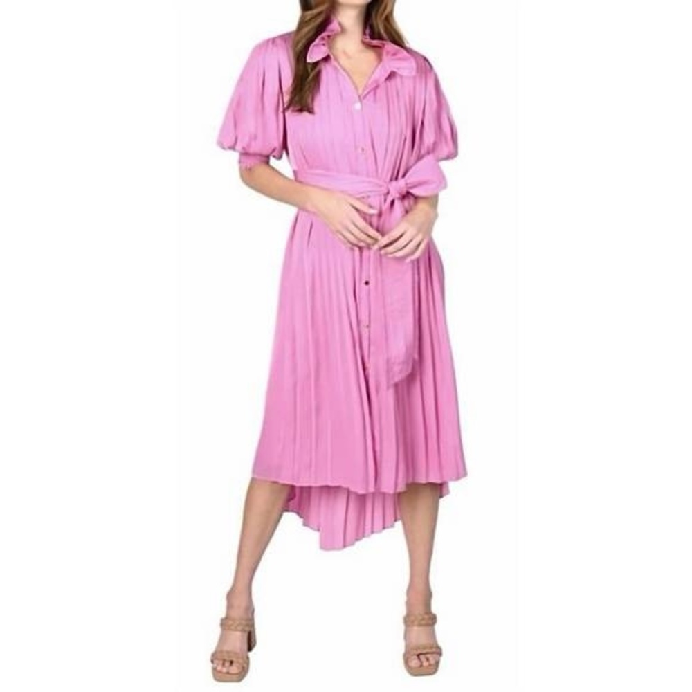 Emily McCarthy Rowan Pink Pleated Midi Shirt Dress Women’s Size L